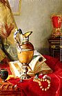 Draped Paintings - A Still Life With Urns And Illuminated Manuscript On A Draped Table by Blaise Alexandre Desgoffe
